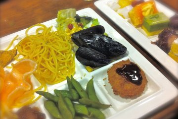 A sample plate from the all-you-can-eat dinner buffet at Mugibatake restaurant