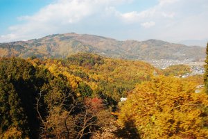 Pemandangan lembah dengan dedaunan musim gugur dari dalam kereta.