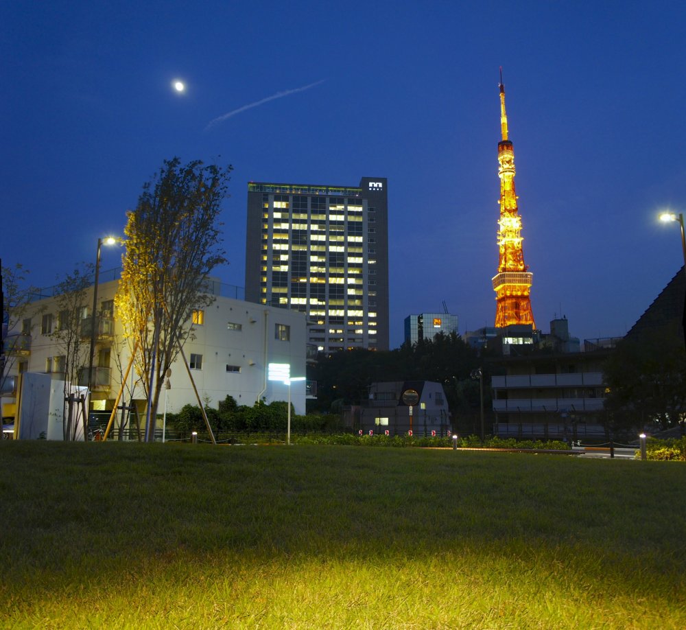 Tokyo Tower in the evening as seen from nearby the Sengokuyama Hills Residence