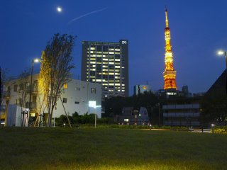 Tokyo Tower in the evening as seen from nearby the Sengokuyama Hills Residence